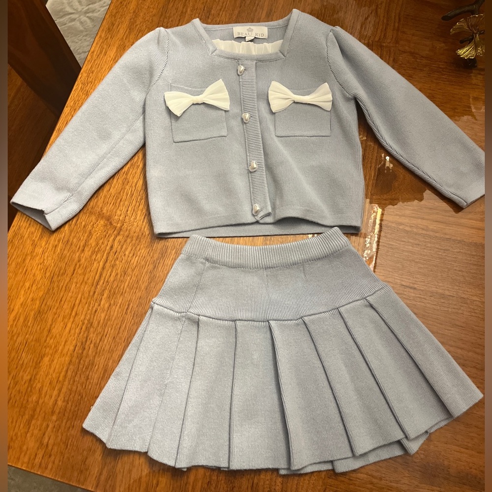2-3Y Beautiful Blue Cardigan and Skirt Set with White Bows from Beau Kid